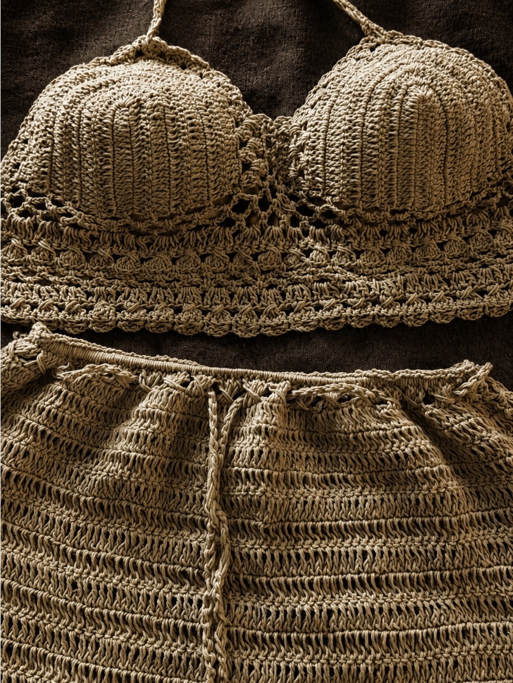 New Handmade Crochet Set, Fringe Midi Skirt and Top - Tan - Picture 4 of 5